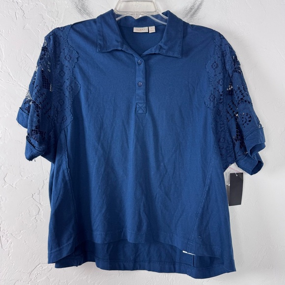 LOGO by Lori Goldstein Tops - Logo Lavish Lori Goldstein Polo Shirt Knit Top Navy Blue Solid Lace Button Down